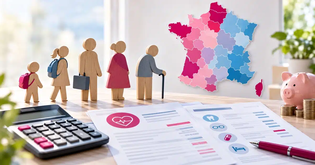 Carte de France, profils de plusieurs âges et documents de mutuelle.