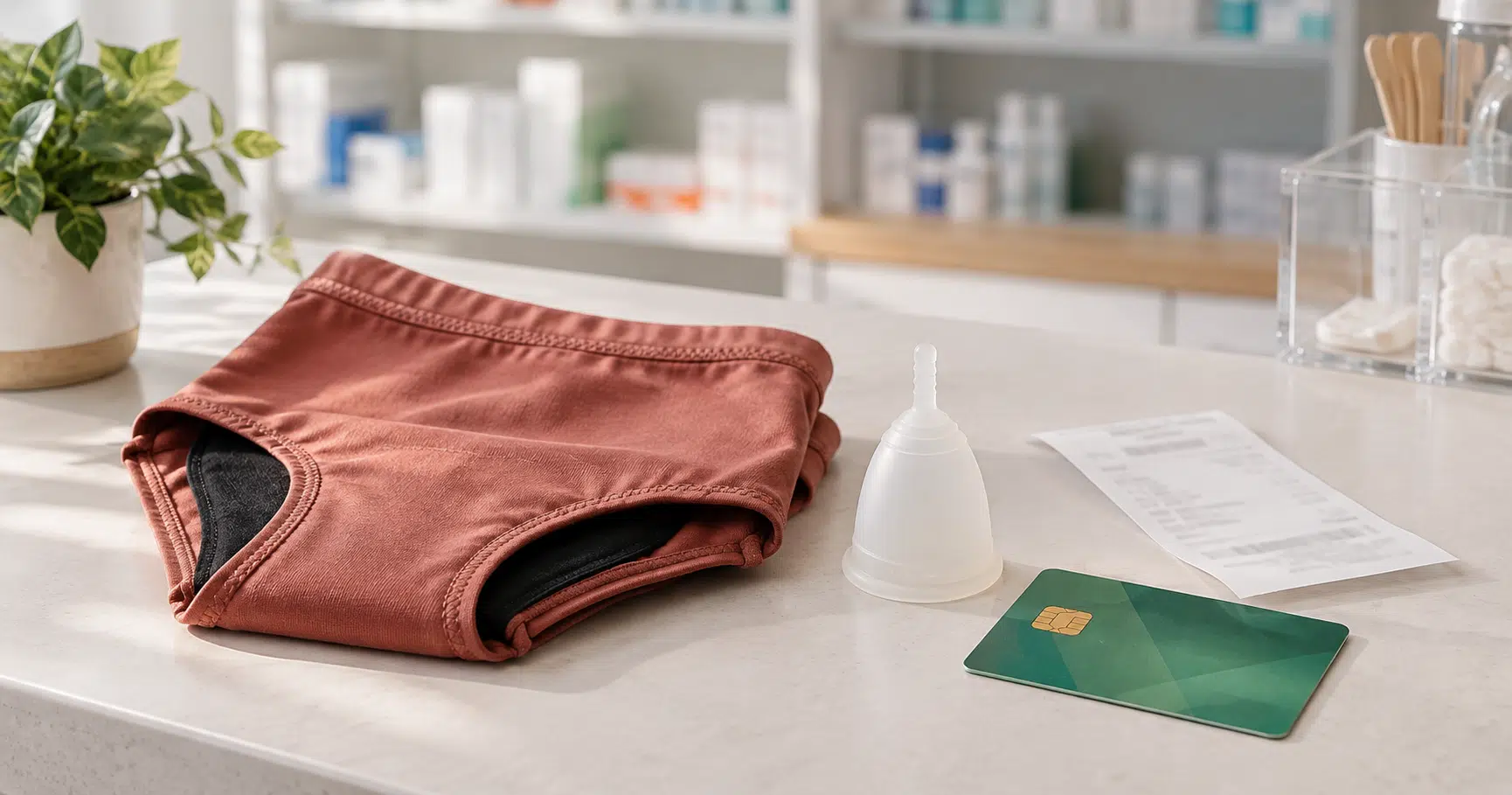 Culotte menstruelle réutilisable et coupe menstruelle présentées sur un comptoir de pharmacie avec une carte de santé générique